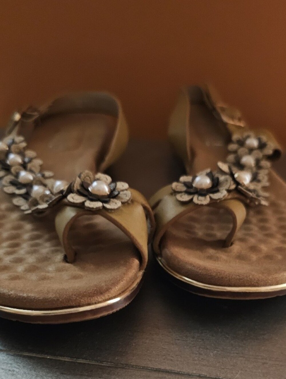 Brown Floral T-strap Women's Sandals - Picture 7 of 8